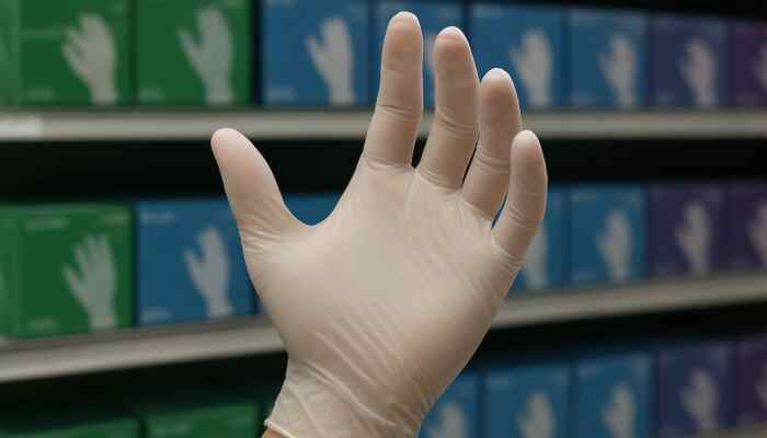 Close-up of hand in snug Braintree vinyl glove on retail shelf, showing comfort and dexterity.