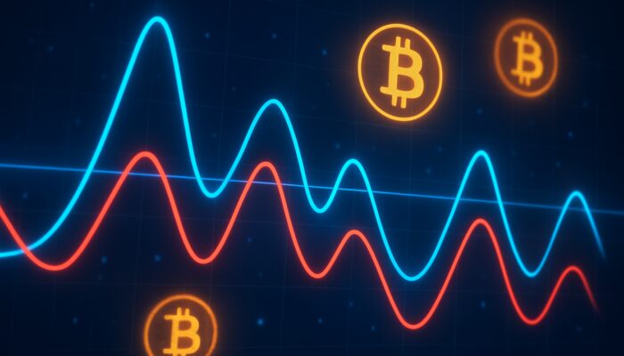 Dynamic Bitcoin chart showing Stochastic Oscillator with blue %K and red %D lines between 20 and 80 levels.