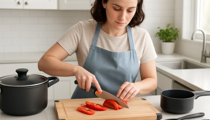 Beginner cook in bright kitchen using non-slip cutting board and stable, heat-resistant pots.