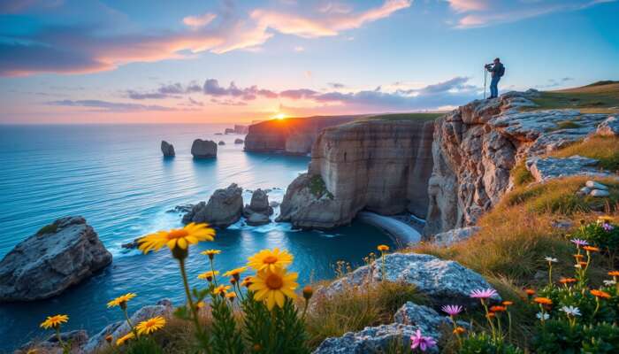 Photographer on a coastal cliff at dawn captures a vibrant sunrise over turquoise waters, with golden light on wildflowers and rugged rocks, avoiding crowds.