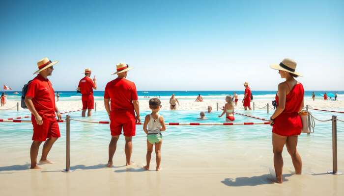 Beach scene featuring lifeguards in red uniforms monitoring swimmers in designated areas, families wearing hats and sunglasses under bright sunlight.