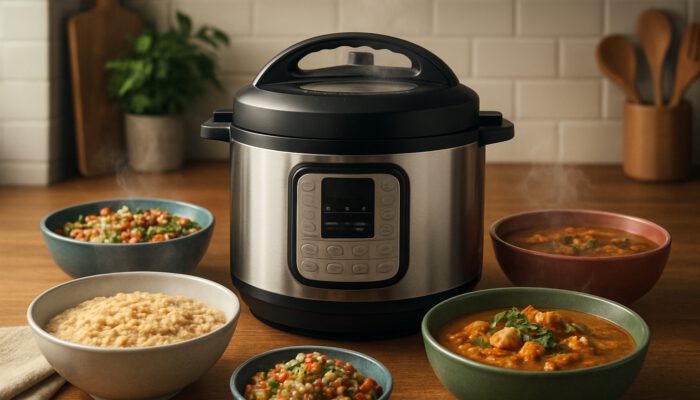 Instant Pot in a lively kitchen surrounded by steaming oatmeal, quinoa salad, hearty soup, and curry.