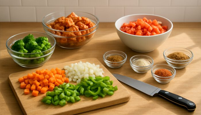Bright kitchen counter with chopped vegetables, marinated proteins, and portioned spices for efficient meal preparation.