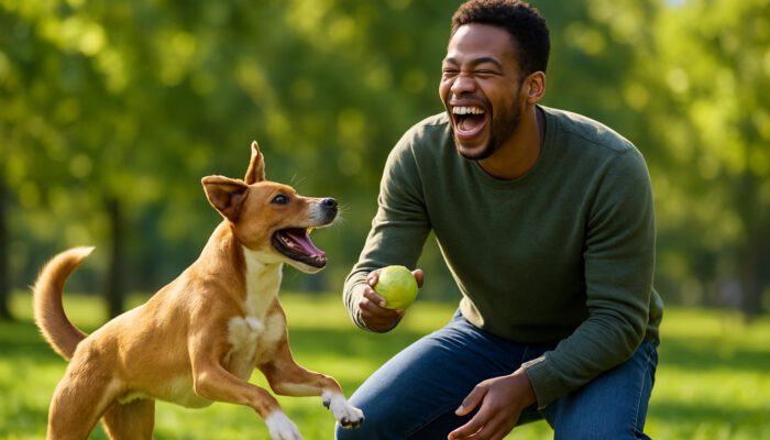 Joyful person laughing while playing fetch with an energetic dog in a sunny park.