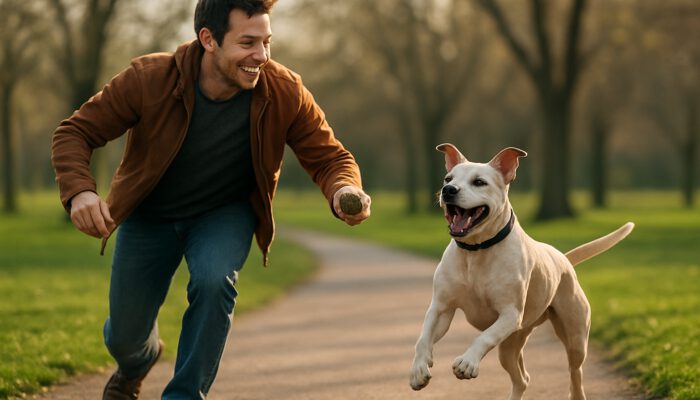 Busy owner playing fetch with a happy dog in the park, emphasising joyful connection.