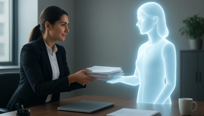 Professional hands off tasks to glowing virtual assistant, transforming chaotic desk into balanced workspace.