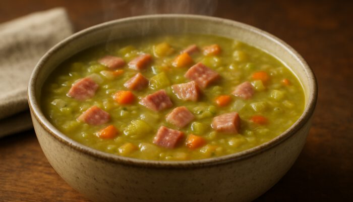 Steaming bowl of creamy green split pea soup with smoked ham, carrots, celery, and onions.