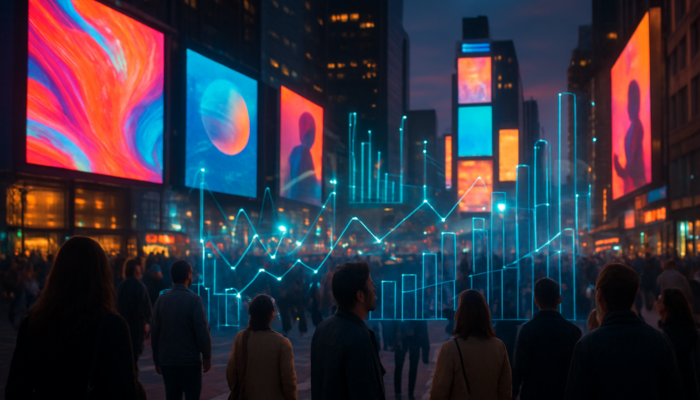 Bustling urban street at dusk with digital billboards, crowds engaging with ads, and holographic real-time metrics overlay.