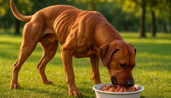 Muscular dog enjoying high-protein meal in sunlit park after exercise.