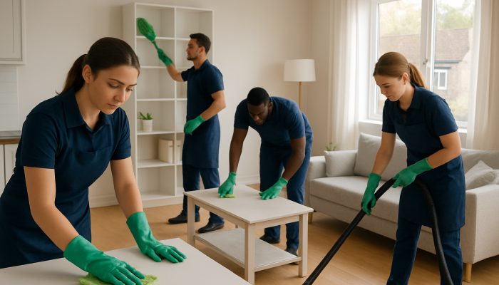 Team of professional cleaners in uniforms tidying a bright UK apartment with eco-friendly tools.