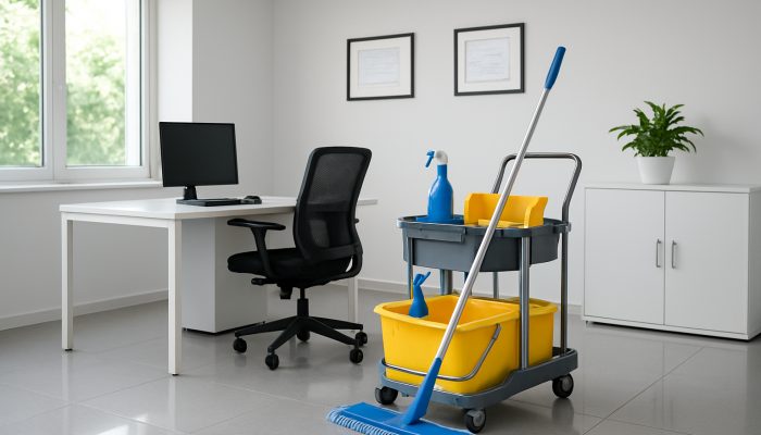 A pristine Ilchester office showcasing immaculate surfaces and certificates from the British Institute of Cleaning Science.