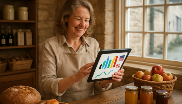 Cheerful Painswick shop owner reviewing tablet with Facebook and Instagram analytics alongside rising e-commerce graphs.