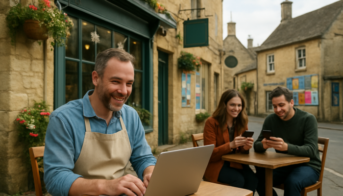 Happy café owner in Painswick typing emails on a laptop, while customers smile at their smartphones amid vibrant shop signs.
