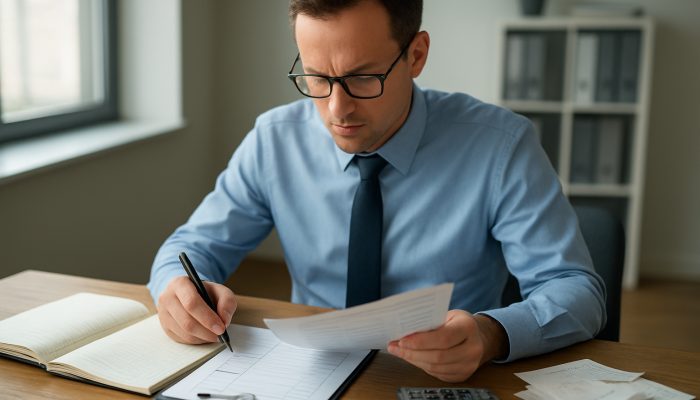 Verifying Files After Account Closure: Essential Insights | DCL Accountant cross-referencing ledgers with invoices and receipts using checklist on wooden desk in modern office
