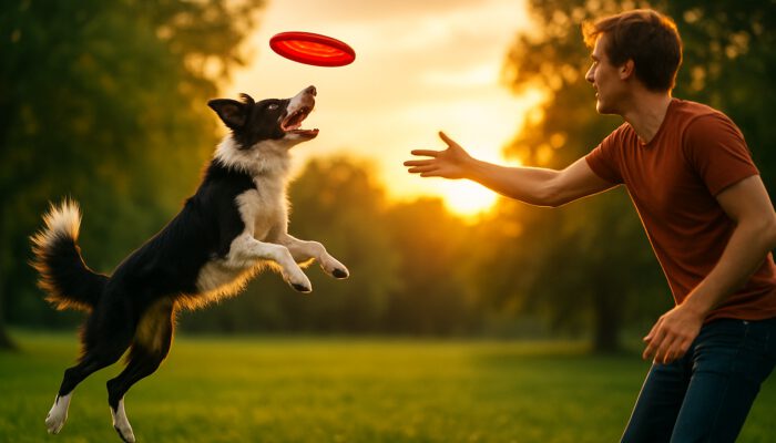Border collie jumps mid-air to catch a red frisbee in a sunset park during dog training.