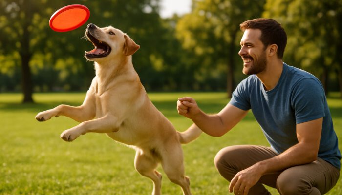 Joyful Labrador jumps for a red frisbee in a sunny park as the owner offers a treat during training.