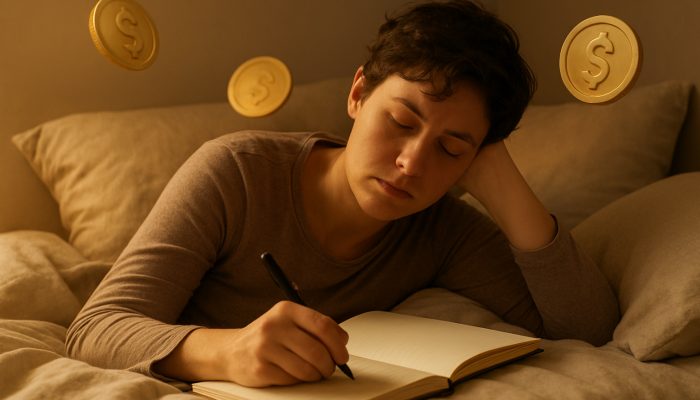 Building Gentle Repayment Plans While Unwell: Guidance | DCL Tired individual resting in bed composing a gentle debt repayment plan in journal with warm golden light