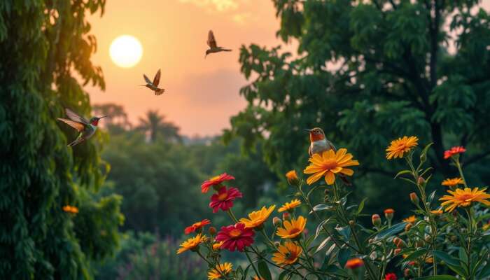 Serene dawn in Parque Juárez, San Miguel de Allende: hummingbirds and orioles on lush trees, fluttering over vibrant flowers in a protected reserve.