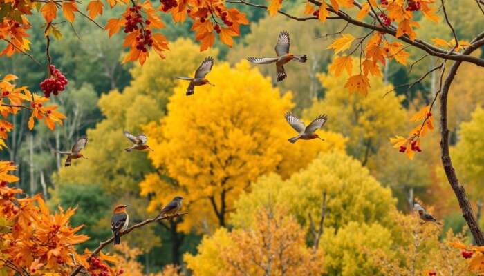 A flock of birds migrates over a colourful autumn forest, some feeding on ripe berries amid falling leaves, while others nest, with birdwatchers observing.