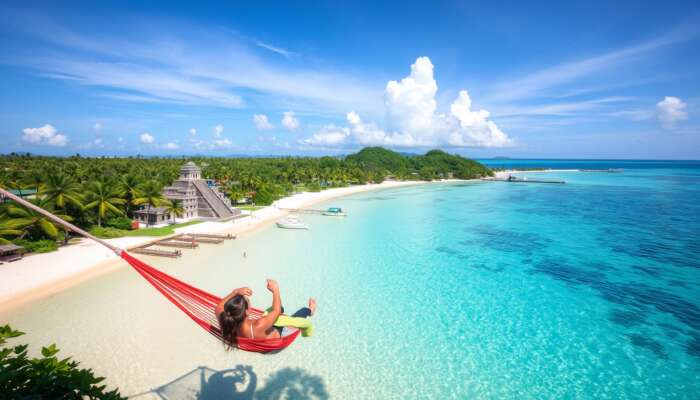 Belize coastal landscape featuring turquoise waters, palm-fringed beaches, explorers at Mayan ruins in lush forests, and travellers relaxing in hammocks at sunset.