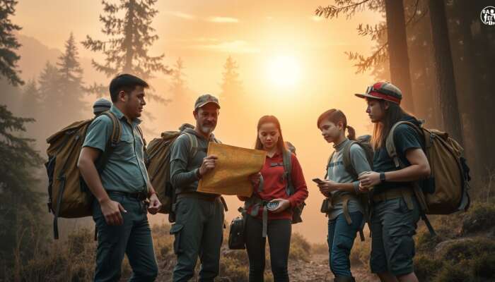 Diverse first-time explorers at the misty edge of a forest, consulting a map and compass, wearing backpacks and safety gear under a golden dawn.