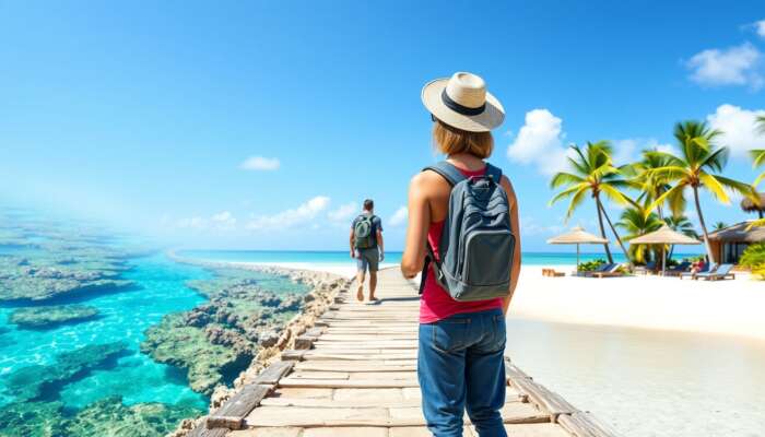 A traveller at a crossroads: one path leads to scuba diving in turquoise waters with coral reefs, the other to yoga on a sun-kissed beach surrounded by palm trees.