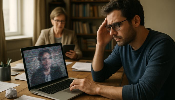 Remote writer faces challenges during a glitchy video call in a cluttered office, while supervisor reviews documents on a tablet.
