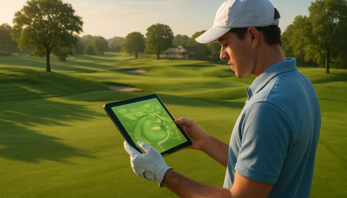 A novice golfer checks a tablet with local maps and beginner tips on a sunny fairway