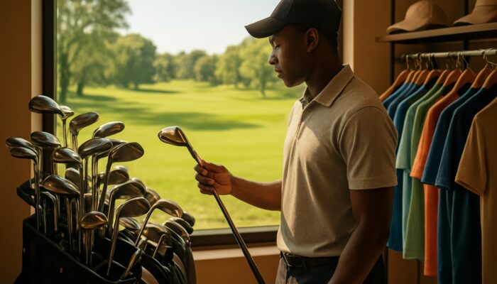 A beginner golfer browses affordable clubs and apparel in a sunny South African sports shop with views of the fairway.