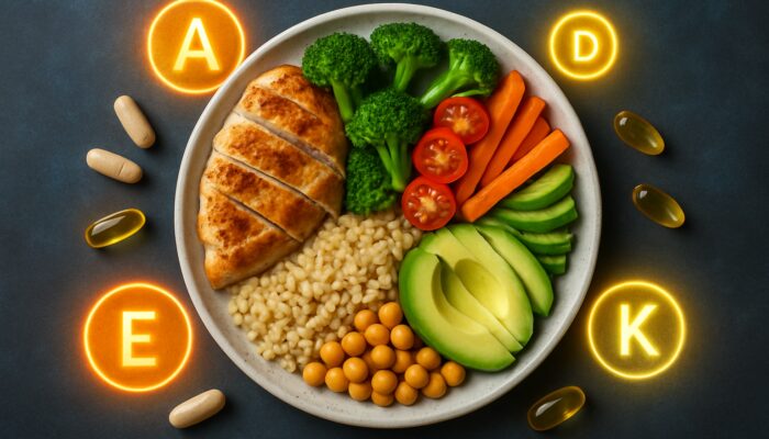 Balanced plate showing sections for protein, carbohydrates, and fats alongside supplement capsules and vitamin icons