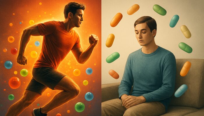 Split illustration showing an energetic athlete with antioxidant multivitamins alongside a calm sedentary figure with nutrient capsules.