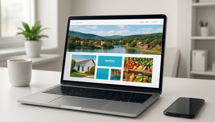 Laptop showcasing a sleek Kingswood website redesign for small businesses featuring clean layouts and mobile previews.