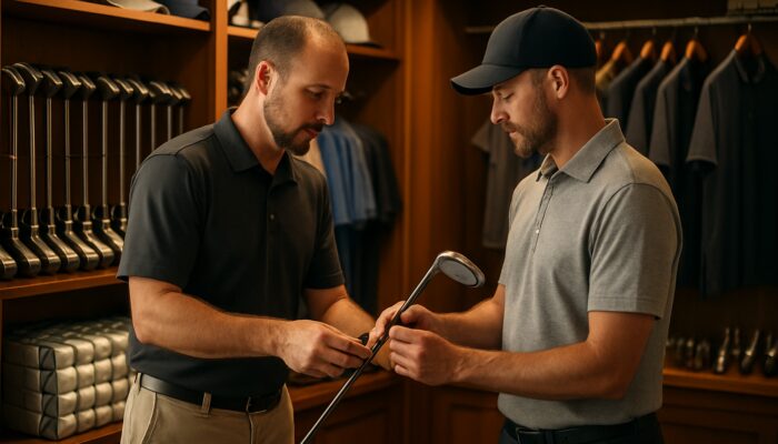 Attendant fitting a golfer with custom clubs surrounded by premium gear in the Witbank Golf Club pro shop.