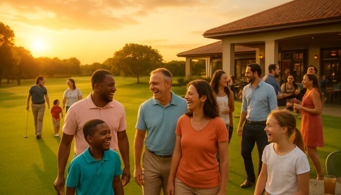 Diverse families and juniors enjoying laughter on the lush fairways of Witbank Golf Club at sunset.