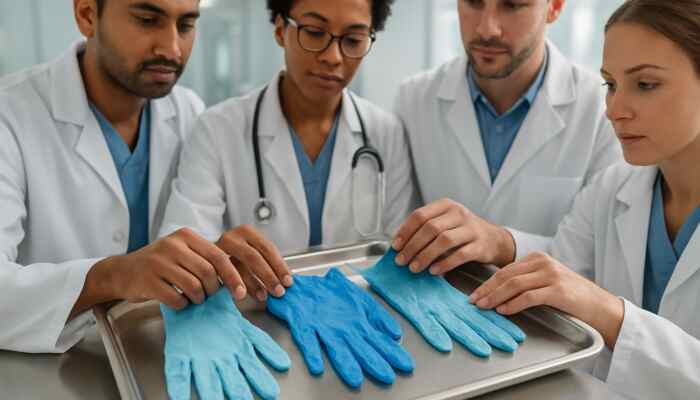 Diverse medical professionals examining vibrant sterile nitrile, latex, and vinyl gloves on tray