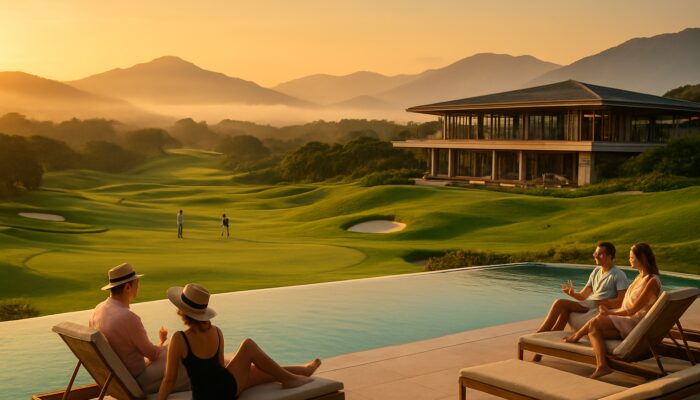 Mount Edgecombe Country Club at sunset showcasing emerald golf fairways, a modern clubhouse, and guests enjoying the pool.