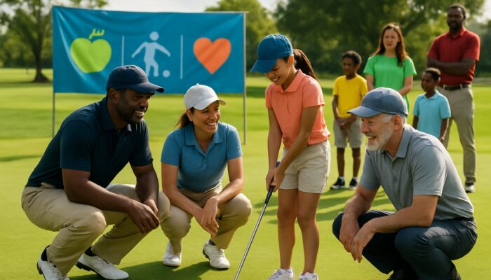 Diverse golfers mentoring youth during a sunny charity golf clinic, featuring school banners and volunteers.