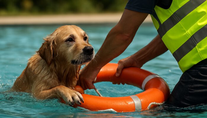 Person rescues soaked golden retriever from pool using a life ring in daylight