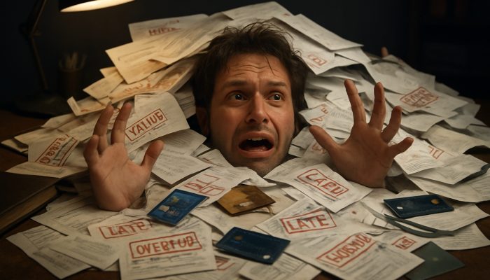 Signs You Have Too Many Separate Debts: Spot Key Indicators | DCL Individual overwhelmed by chaotic piles of overdue bills and loan papers on a disorganised desk