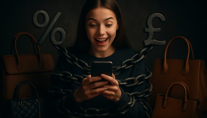 Signs You Have Too Many Separate Debts: Spot Key Indicators | DCL Young shopper in the UK using BNPL on their phone while surrounded by luxury bags as debt chains tighten.