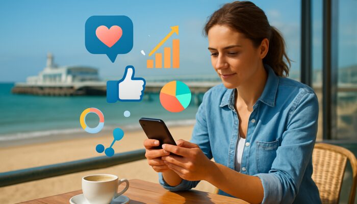 Small business owner developing social media strategy on smartphone in Bournemouth beach café, overlooking charts and the sea