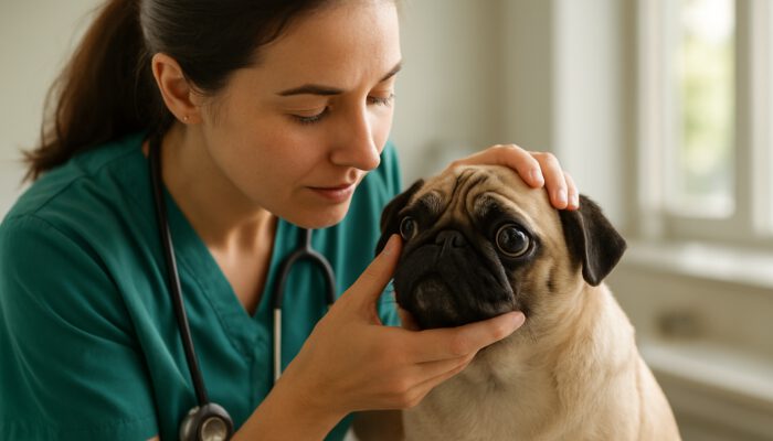 Vet examining pug's bulging eyes in sunlit clinic for early detection of brachycephalic eye care