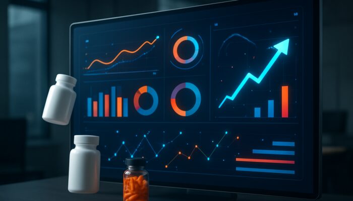 Digital dashboard showcasing supplement ad performance metrics with vibrant graphs and vitamin icons