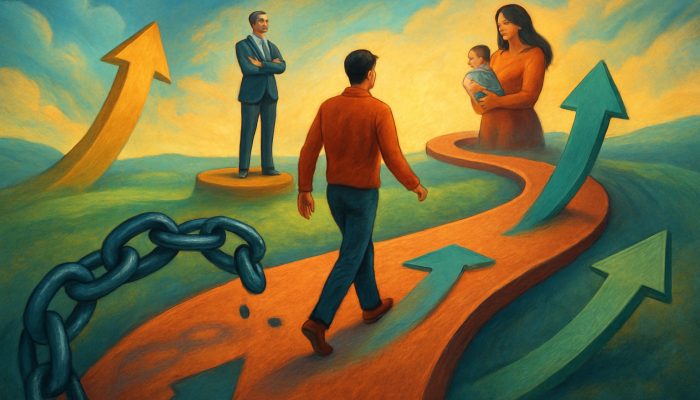 Person navigating winding financial roadmap through job promotions and family growth with debt chains and income arrows