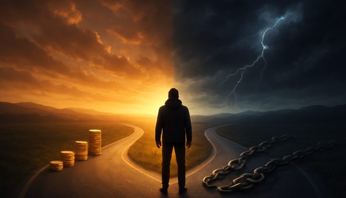 Individual at crossroads choosing payment plan path with coins versus new loan with debt chains