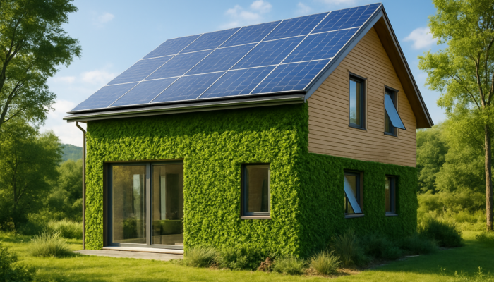 Modern eco-friendly house with solar panels, green walls, and smart windows set in a peaceful landscape.