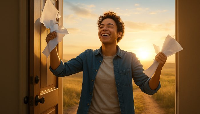 Planning Life After Monthly Debt Bills End: New Beginnings | DCL Relieved person tearing debt bills steps through open door into sunlit horizon for new beginnings.