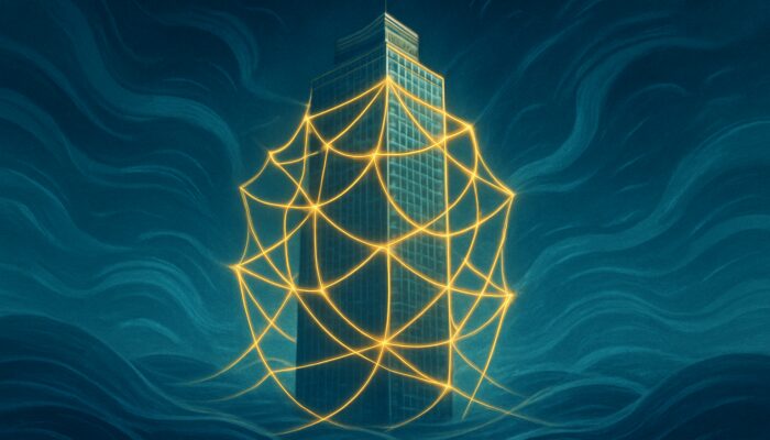 Corporate tower enveloped in glowing regulatory webs amid dynamic markets, symbolising transparency and investor trust.