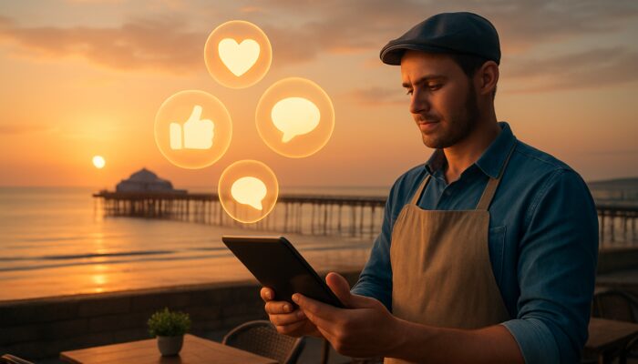 Café owner analysing impressive social media metrics on tablet above Weston-super-Mare pier at sunset