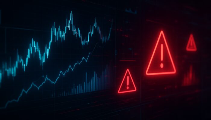 Futuristic holographic trading interface displaying racing stock charts and flashing red risk alerts on dark screens.